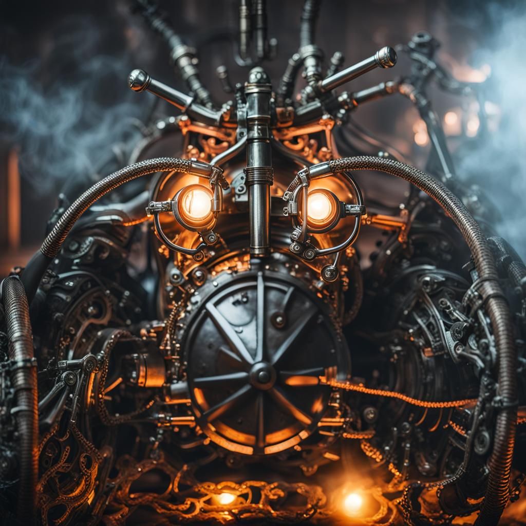 Steampunk Engine with Motorcycle in Giger Style
