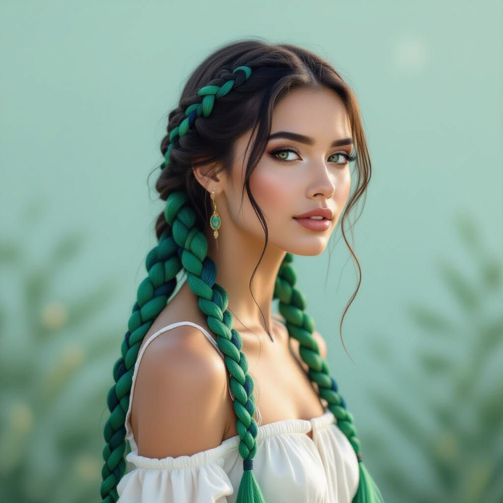 Feminine Woman with Green and Blue Braided Hair in Surrealis...