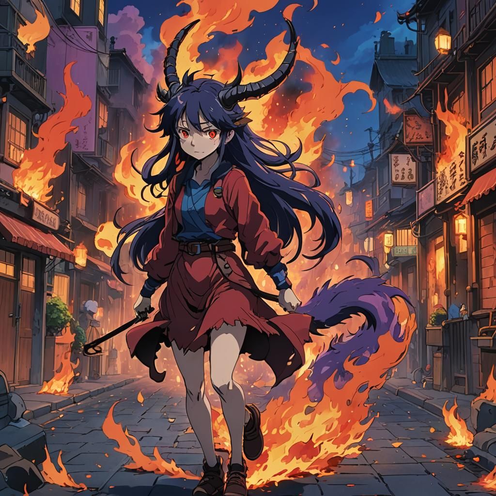 Anime Demon Girl in Burning Street, Key Visual