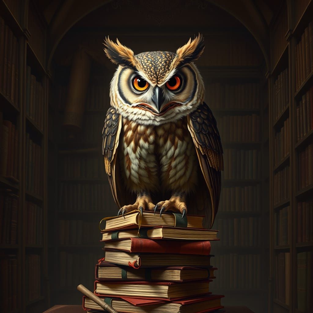 Scroll Owl in Library: Rembrandt and Caravaggio Style