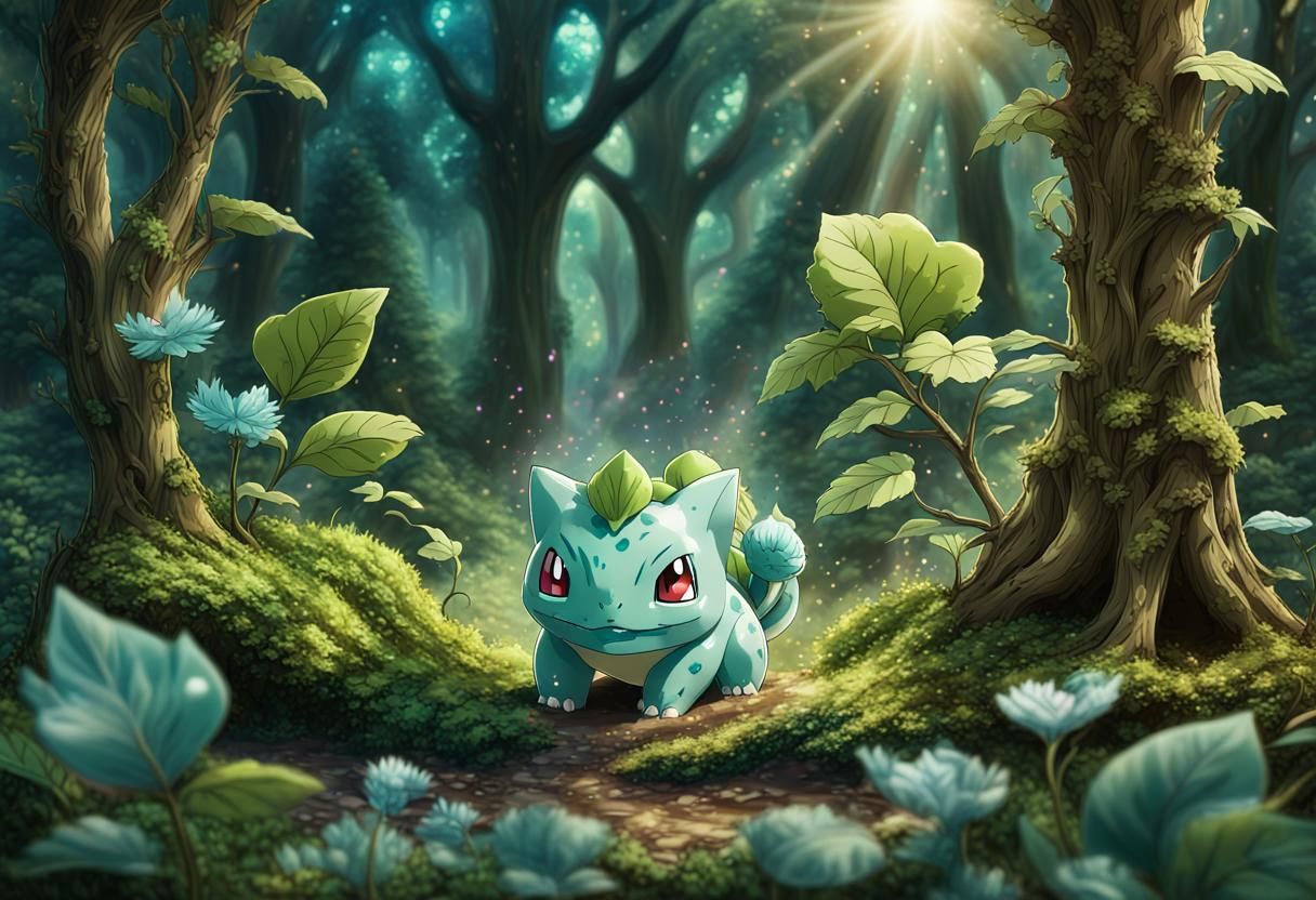 Bulbasaur in Bioluminescent Forest with Ethereal Light