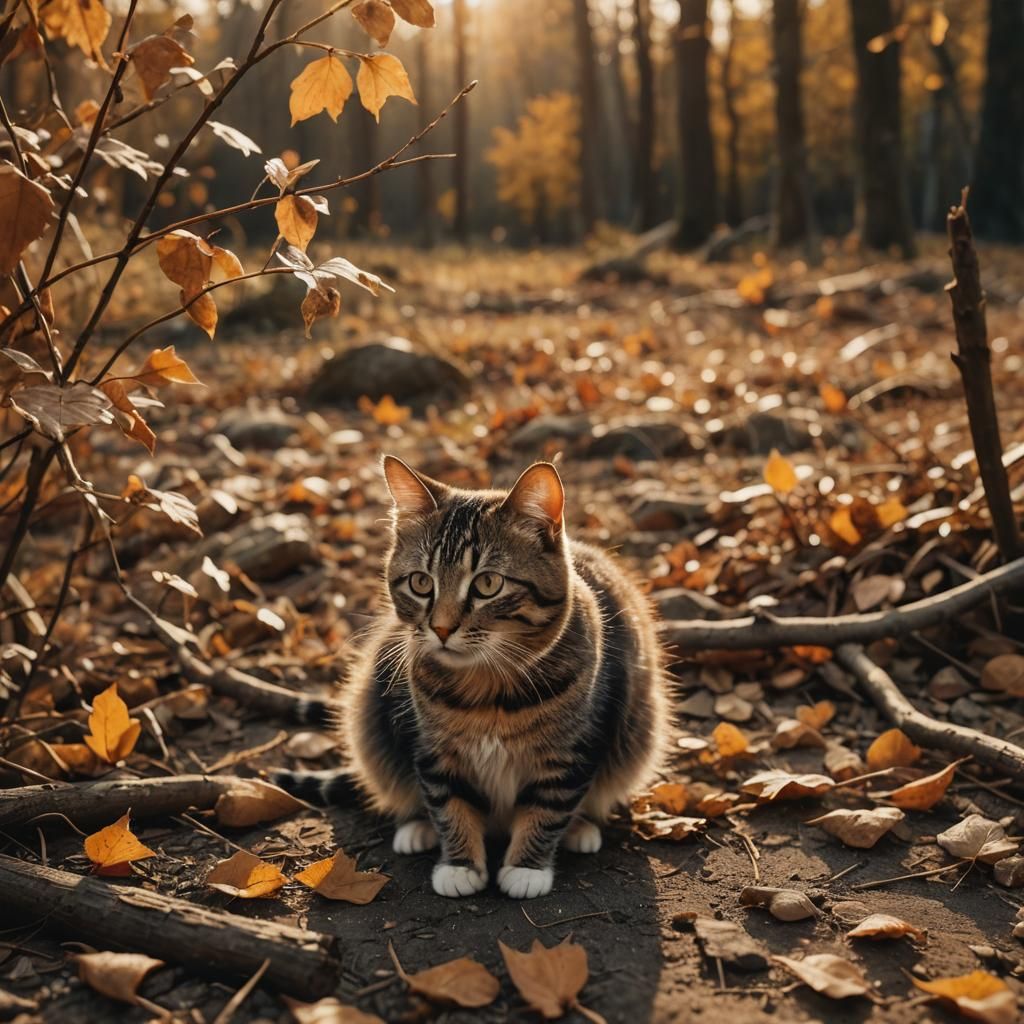 Cat and Mouse Play in Autumn Landscape