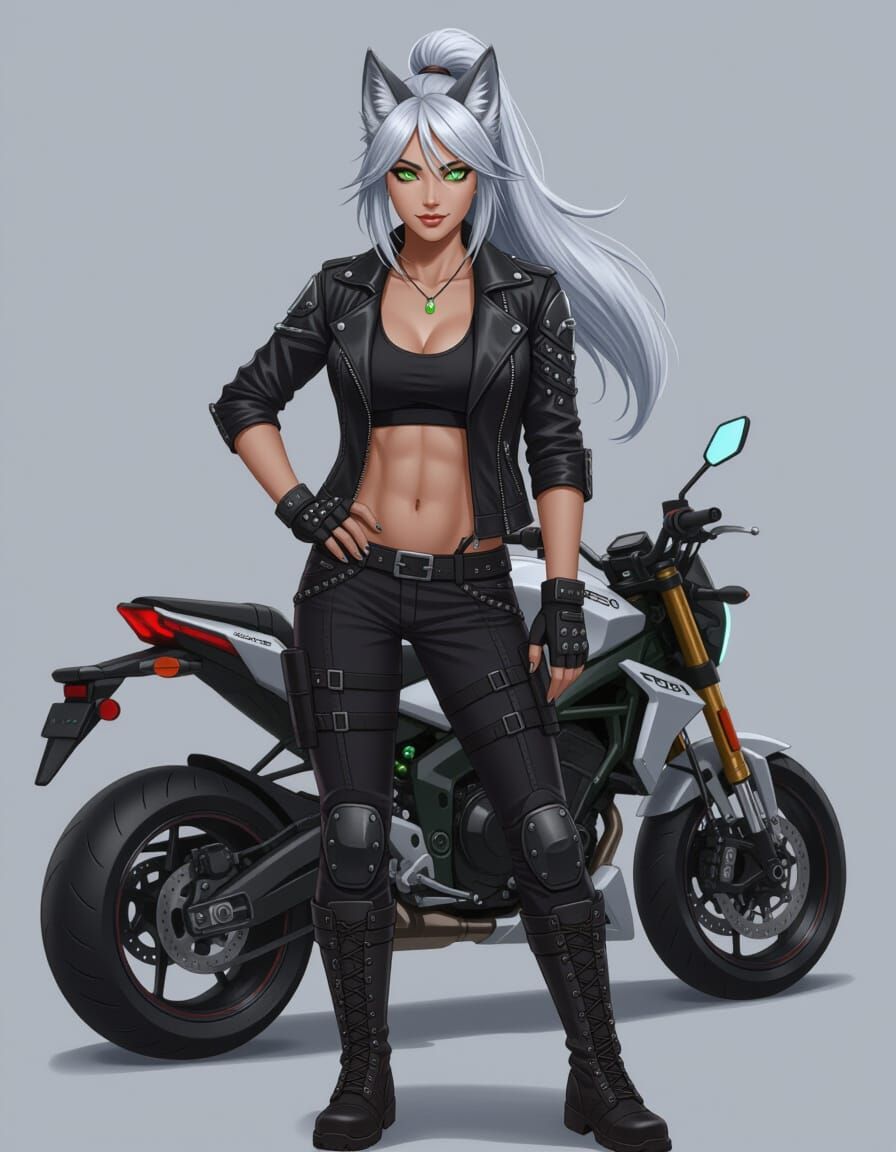 Anime-Style Wolf Woman Biker in Neon Alley