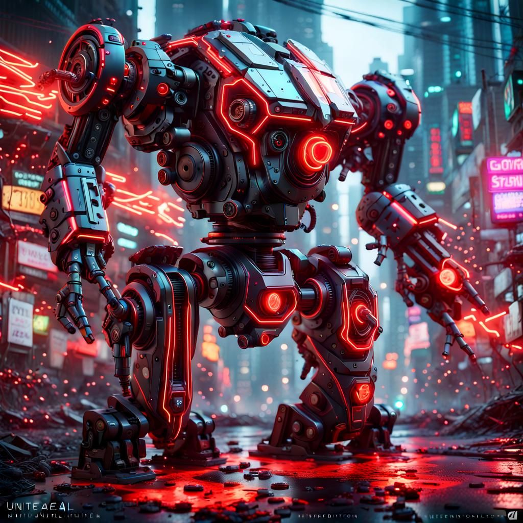 Cyberpunk Robot with Neon Lights and Laser Cannons