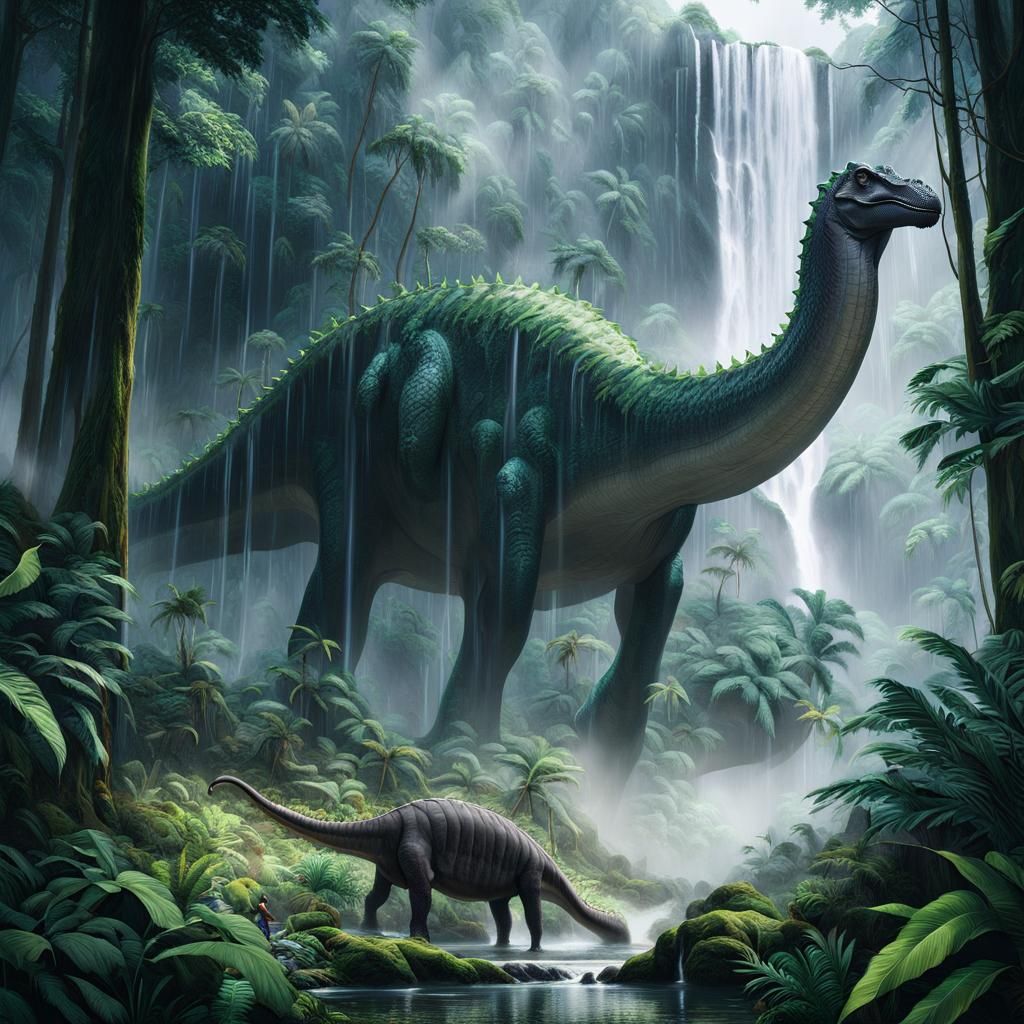 Diplodocus in Rainforest with Waterfall