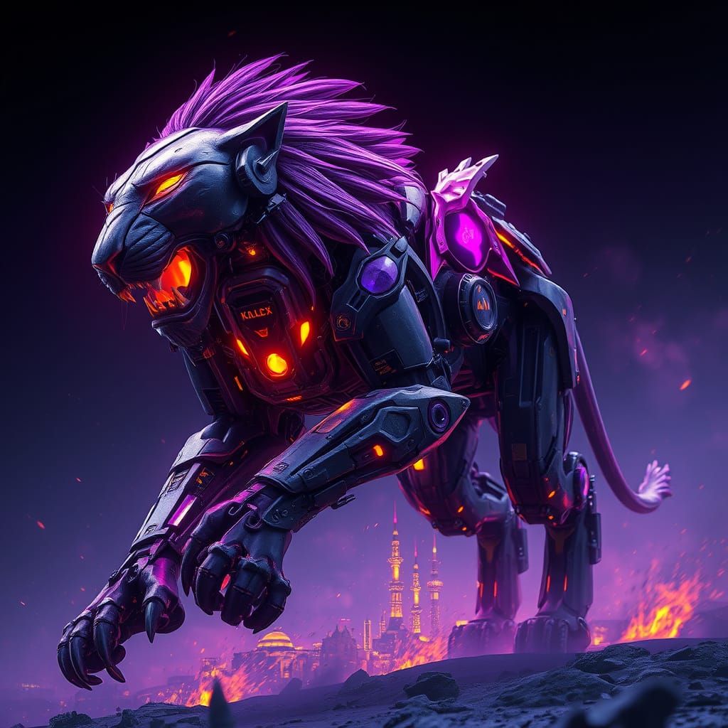 Cyborg Lion in Dark Fantasy 4K 3D Concept Art