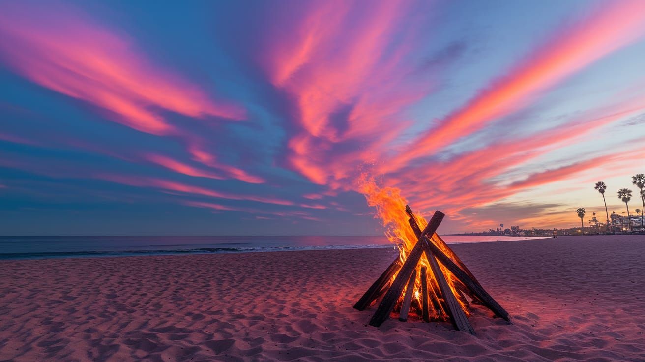 Beach Bonfire at Twilight: Swirling Sky