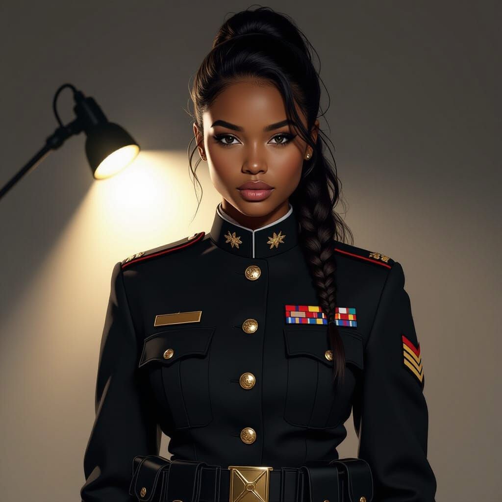 African American College Girl in Military Attire