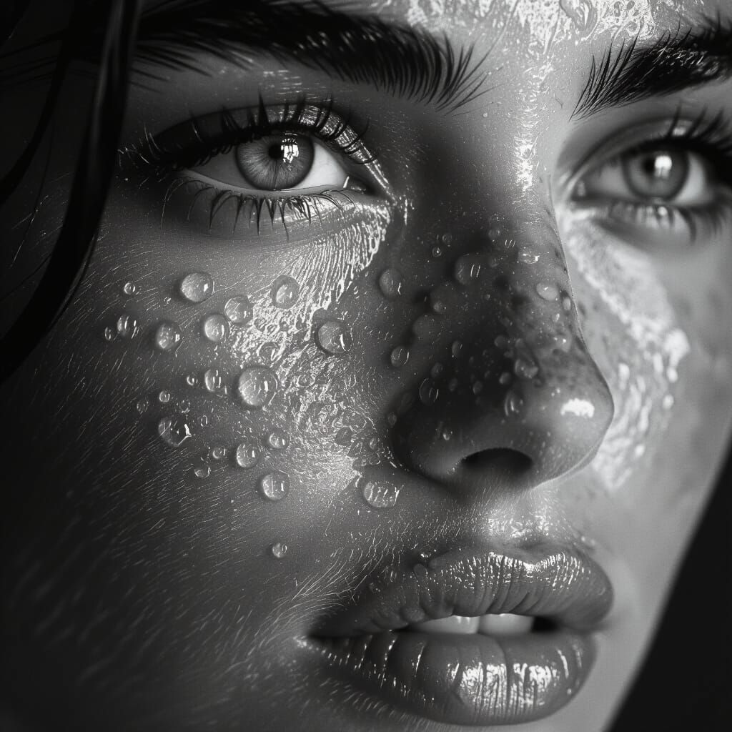 High-Contrast Portrait with Water Droplets in Monochrome