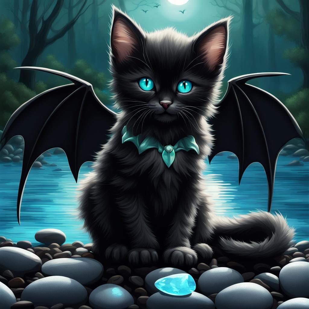Winged Black Kitten in Moonlight: Fantasy Concept Art