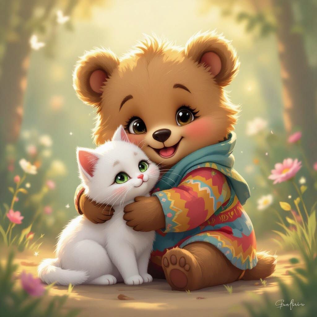 Whimsical Fantasy Bear Hugs Kitten in Vibrant Illustration