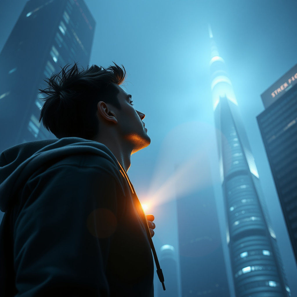 Hooded Figure Gazing at Foggy Cyberpunk City