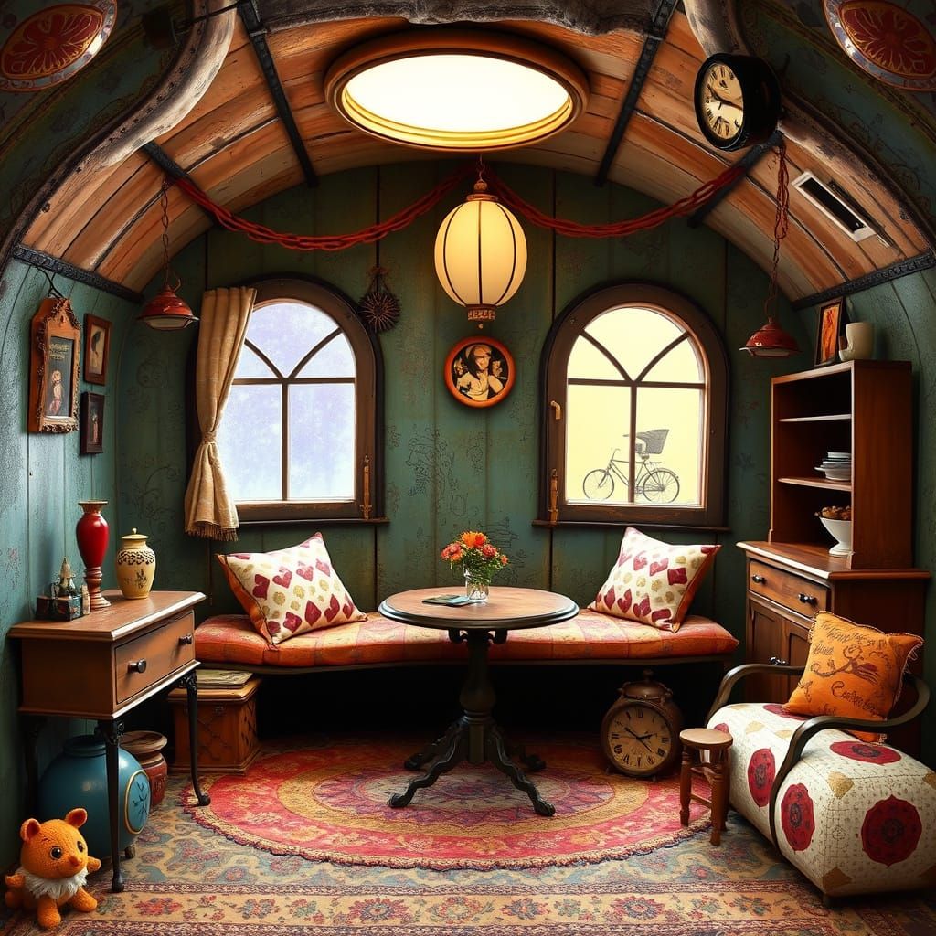Whimsical Gypsy Wagon Interior in Vibrant Colors