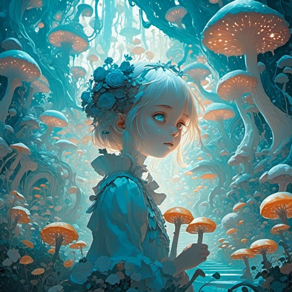 Alice in Wonderland in Bioluminescent Mushroom Maze