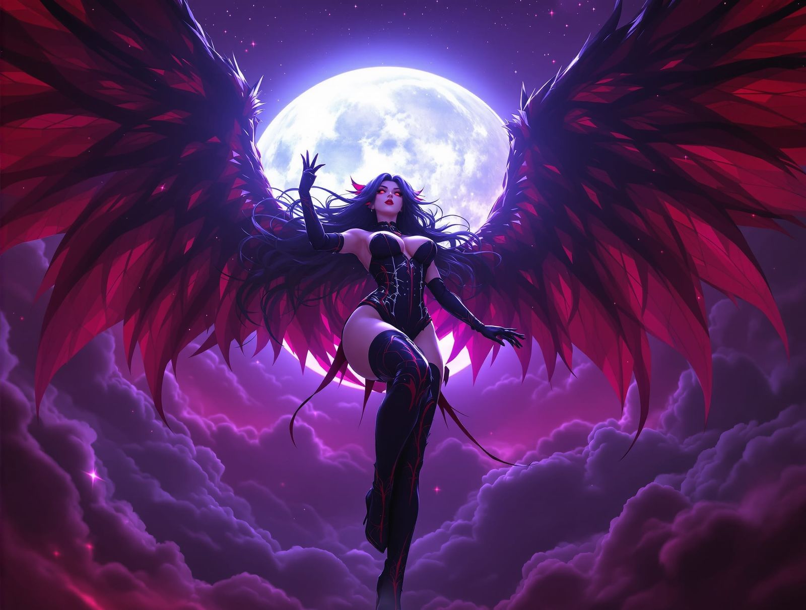 Fallen Angel Poses Under Full Moon in 3D Anime Style