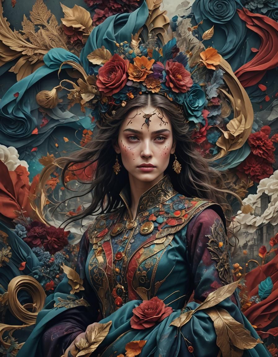 Fabric Collage Woman: Detailed Matte Painting