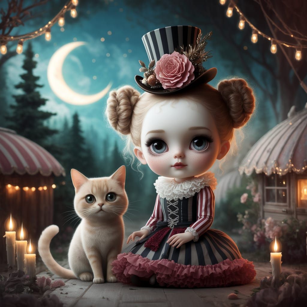 Enchanting Doll-Like Girl with Curious Cat in Whimsical Fore...