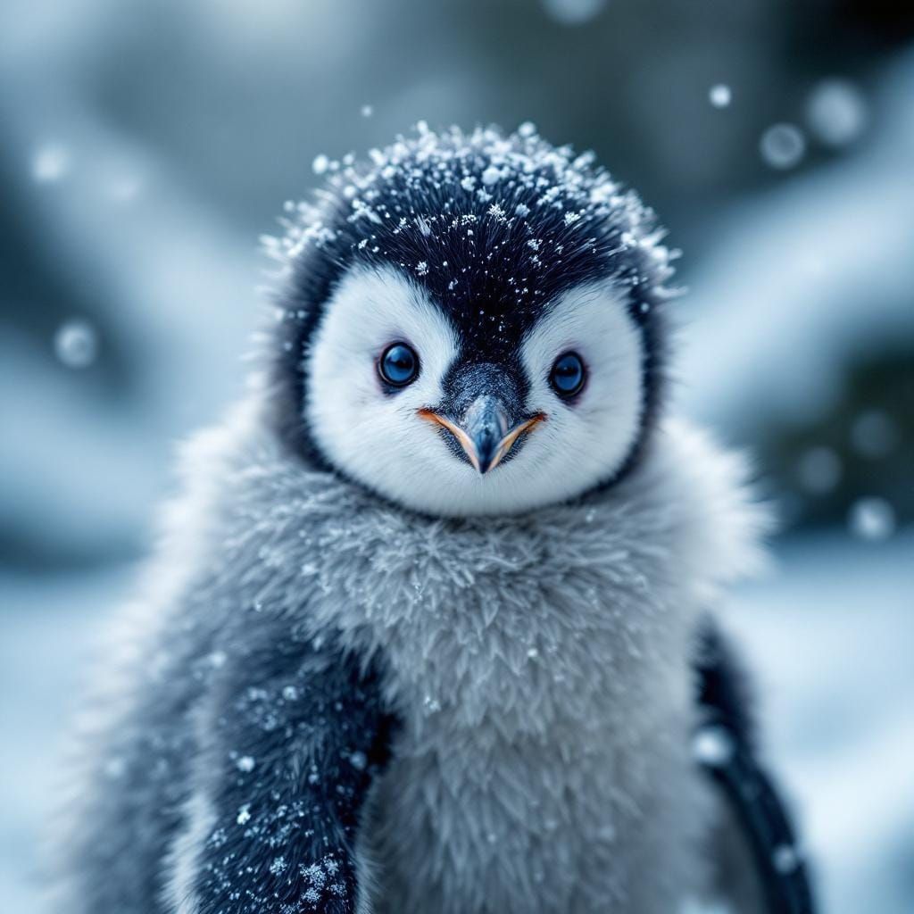 Realistic Portrait of Baby Penguin in Snow