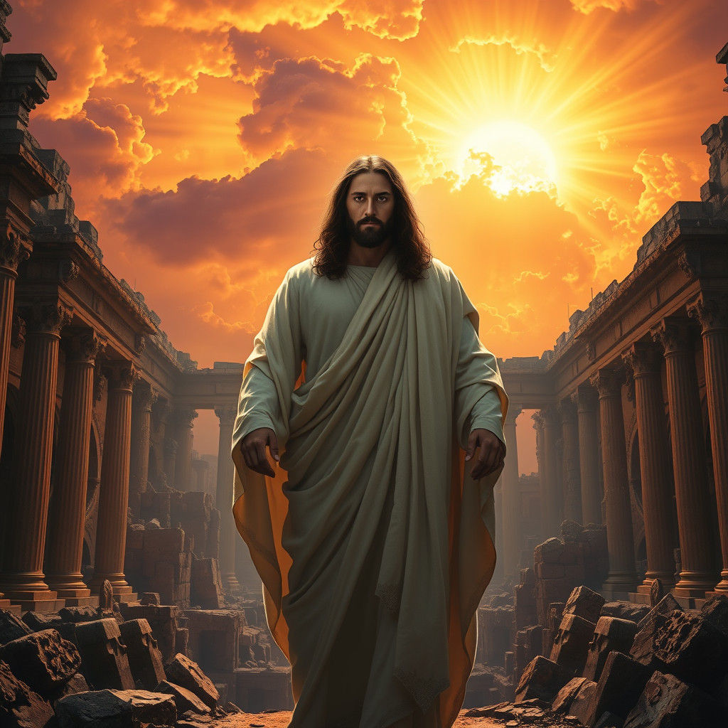 Jesus in Ruined Cityscape with Fiery Sky