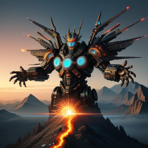 Cybernetic God deity Radiates Electric Power above Mountains...