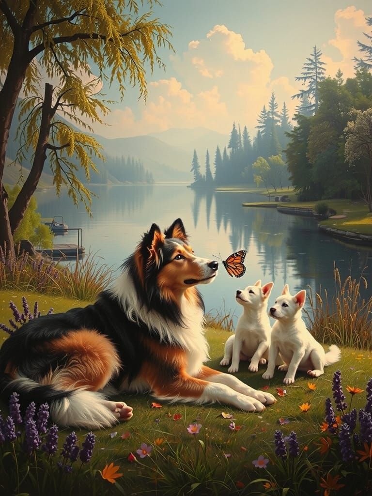 Whimsical Sheltie and Pups in a Springtime Meadow