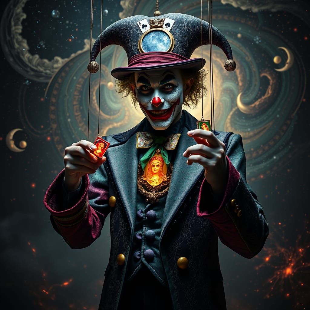 Cosmic Joker Marionette Master in Swirling Galaxy Portrait