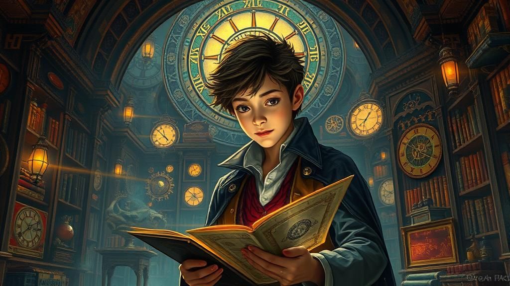 Steampunk Inventor in Clockwork Library as Impressionist Art