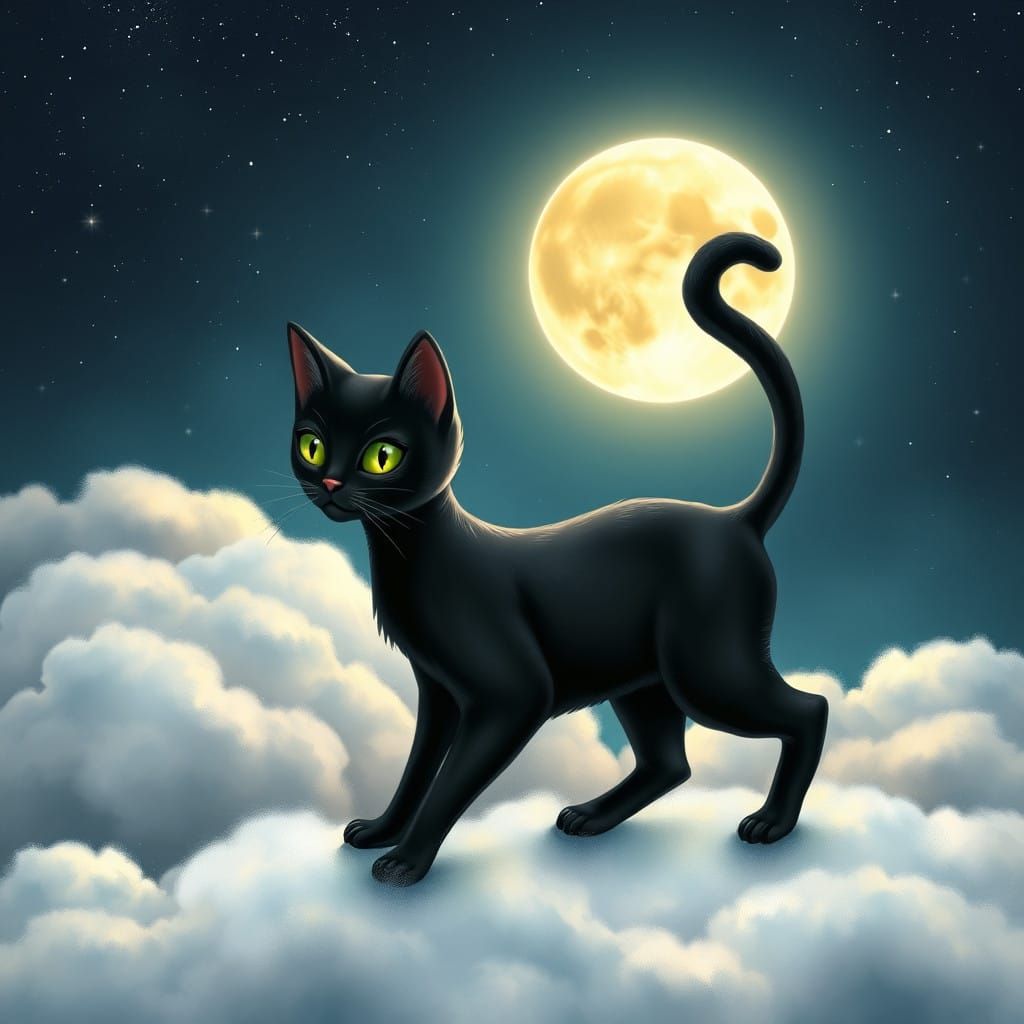 Enchanted Black Cat Amidst Celestial Clouds in a Dreamlike S...