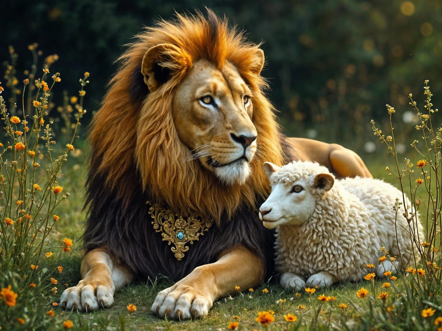 Lion and Sheep Resting Together in Baroque Style