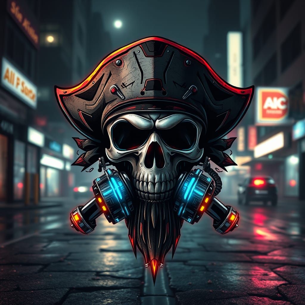 Futuristic Pirate Emblem with Cybernetic Skull, Digital Art