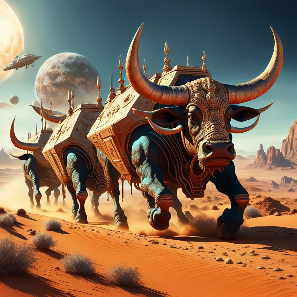 Mandelbulb Oxen Team Pulling Spaceship: Fantasy Concept Art