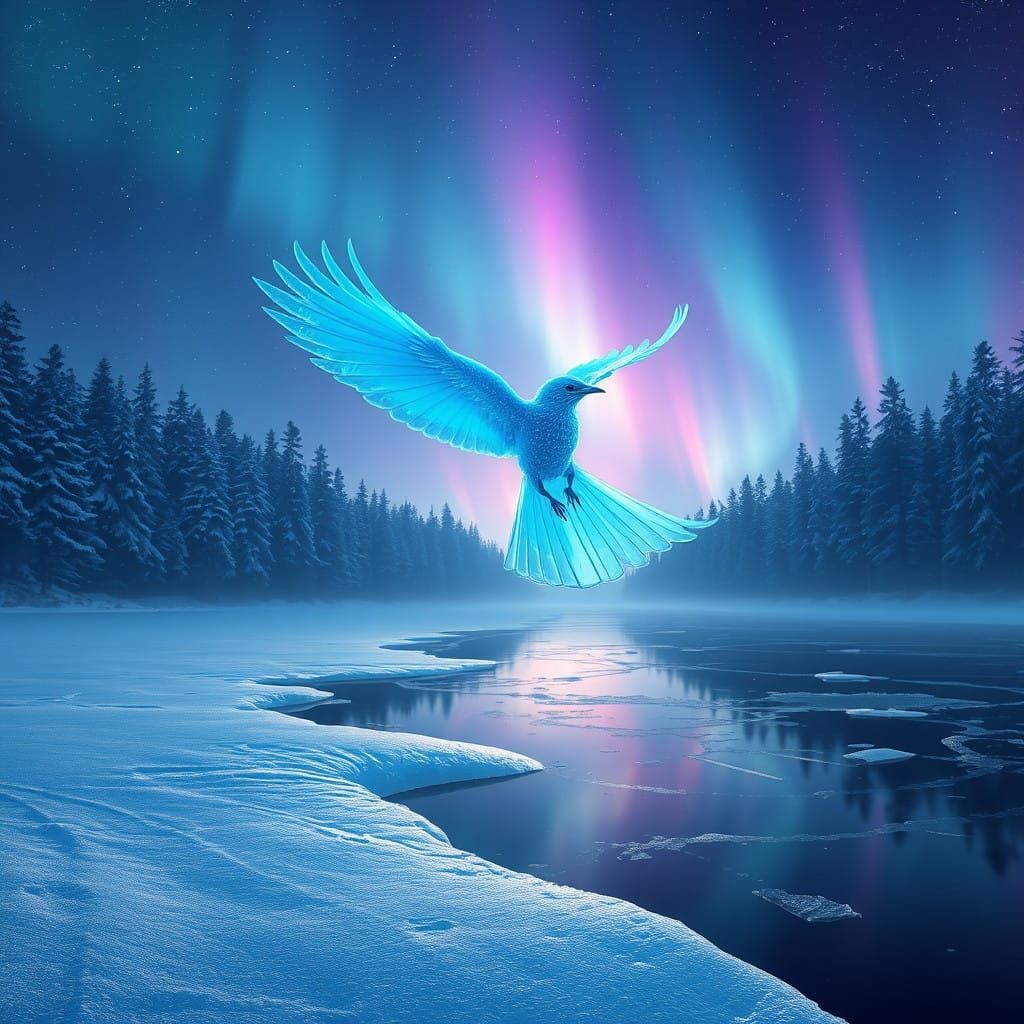 Ethereal Blue Bird in Starry Icy Landscape