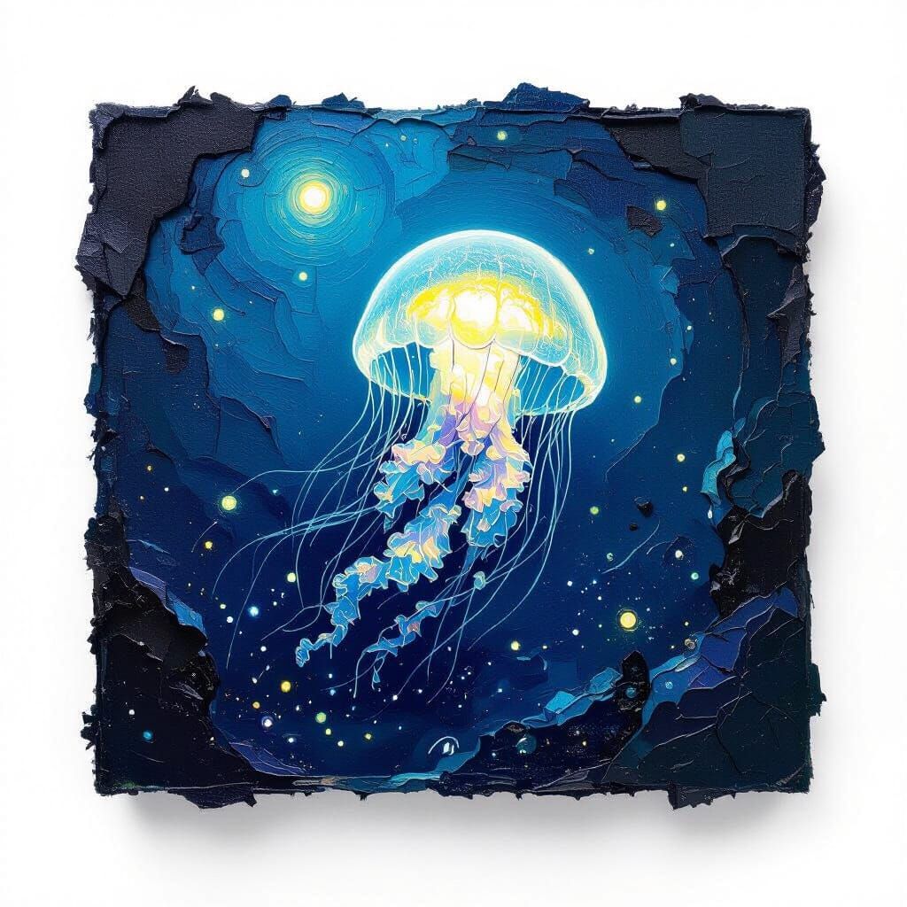 Expressionist Impasto Oil Painting of Glowing Jellyfish in S...