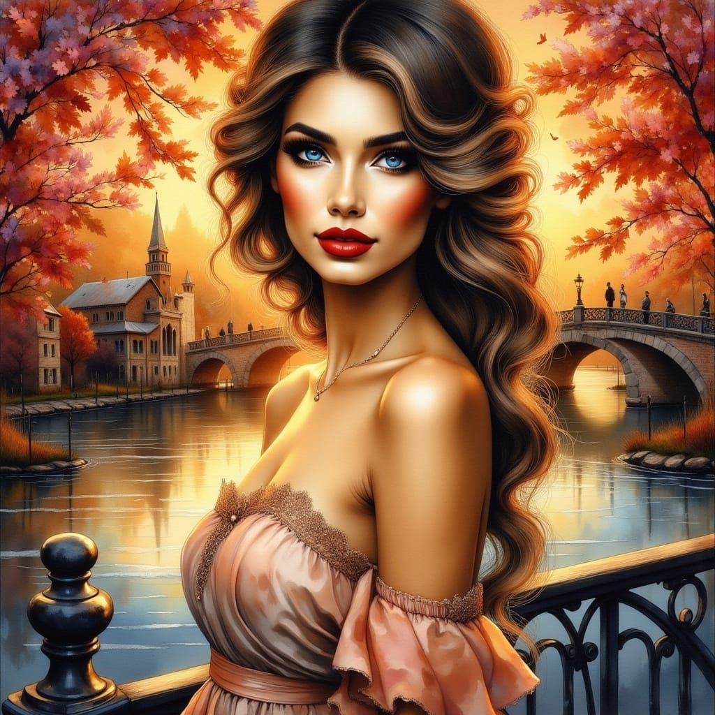 Woman with Blue Eyes on Bridge in Romantic Oil Style