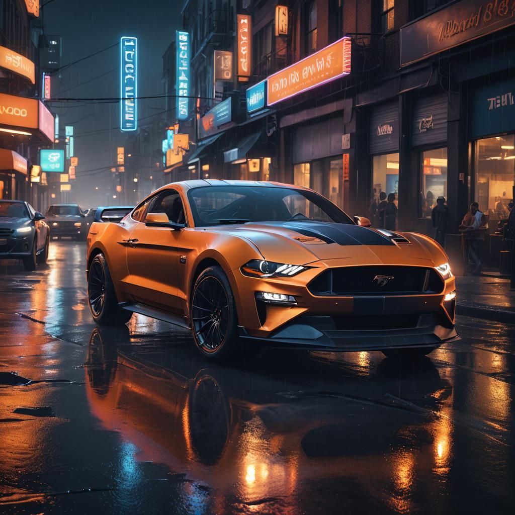 Futuristic Ford Mustang on a Wet City Street