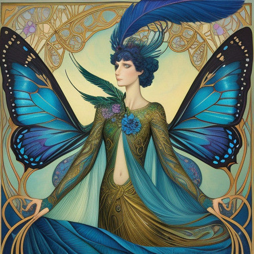 Dreamy Butterfly with Peacock Feathers in Floral Glow