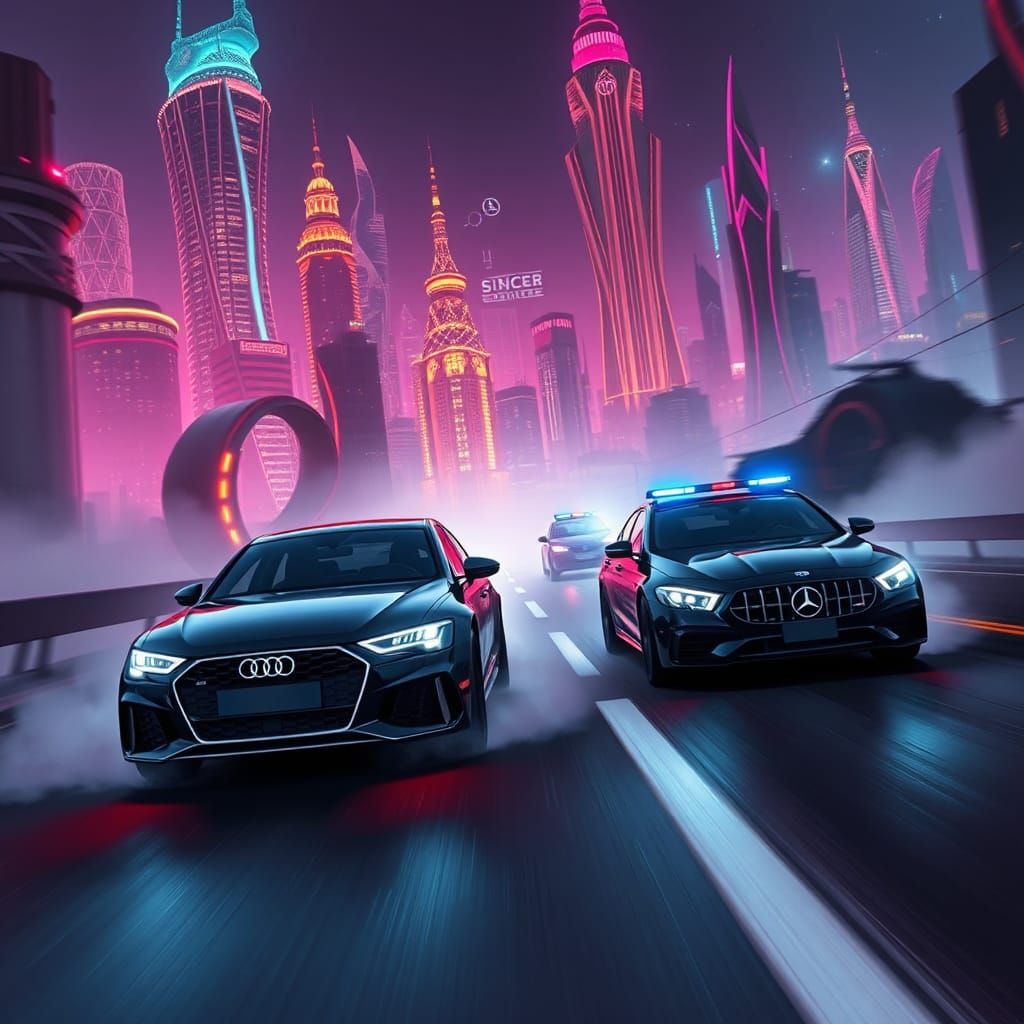 Neon Highway Chase: Audi RS6 vs Mercedes