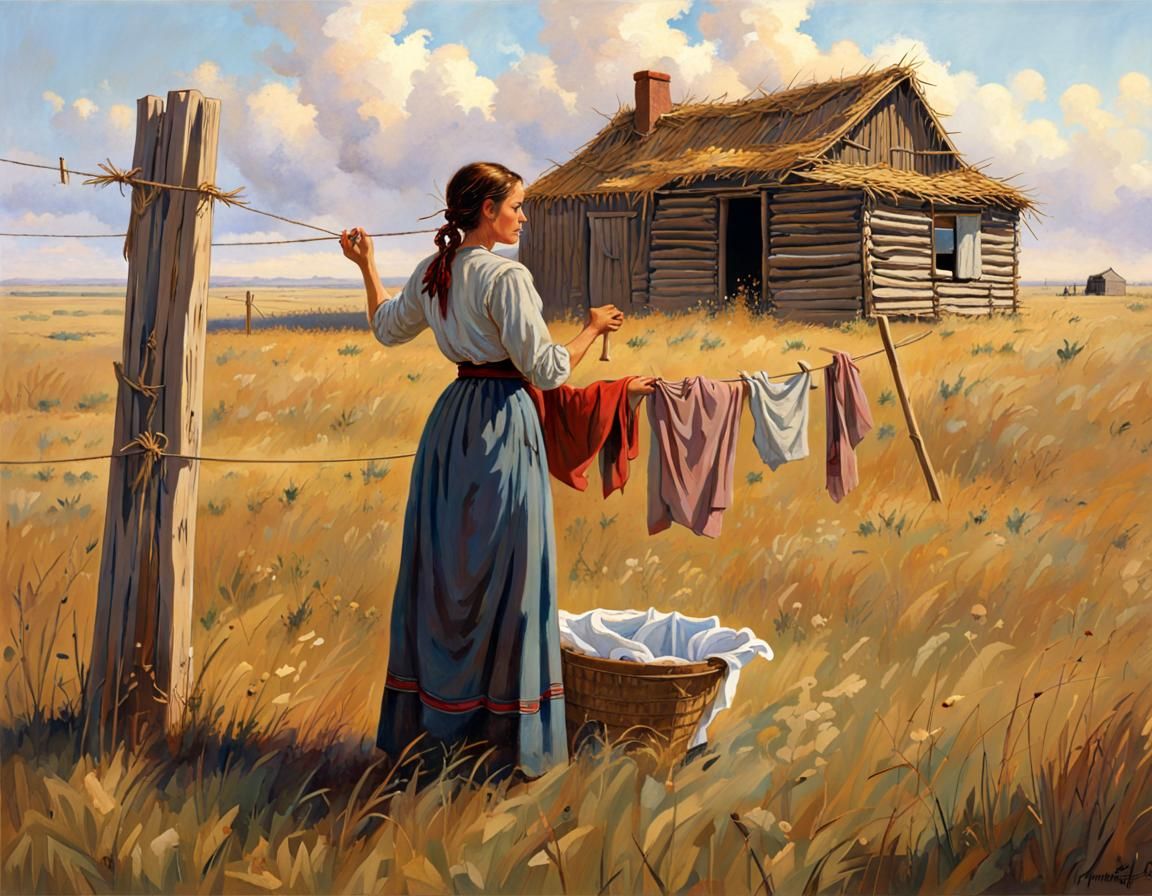 Prairie Woman Hanging Laundry in Vast Landscape