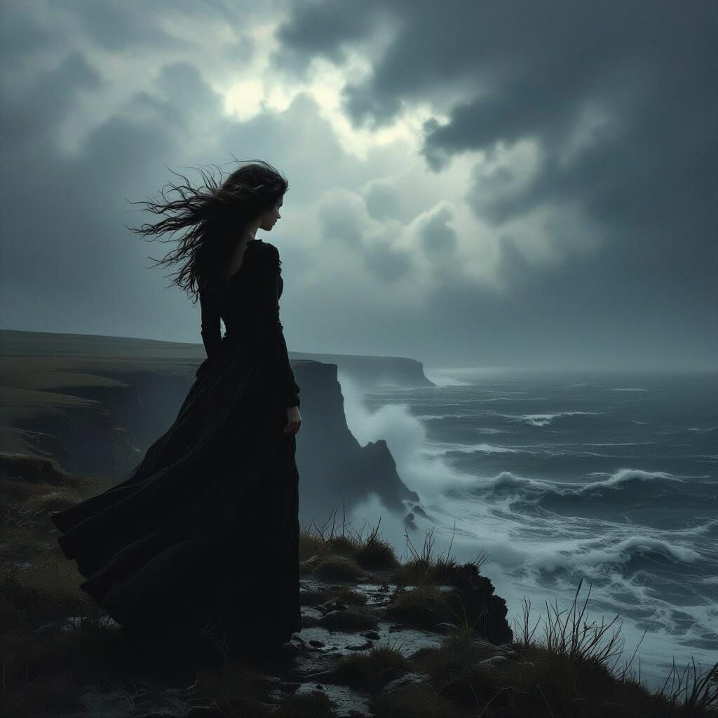 Girl on Cliff Overlooking Stormy Sea, Dramatic Silhouette