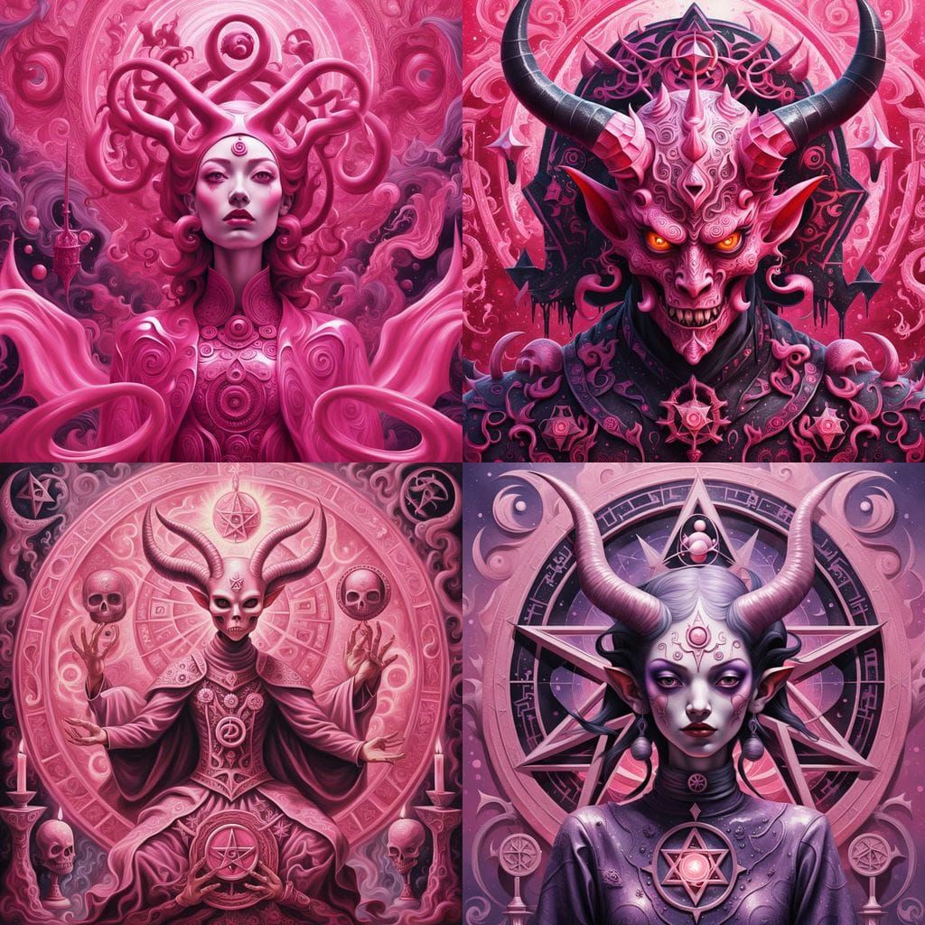 Pink Satanic Occult Symbols in Pop Surrealism Style