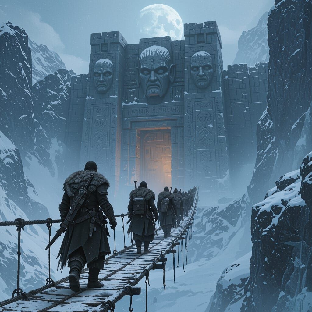 Explorers Cross Frozen Chasm Towards Ancient Temple