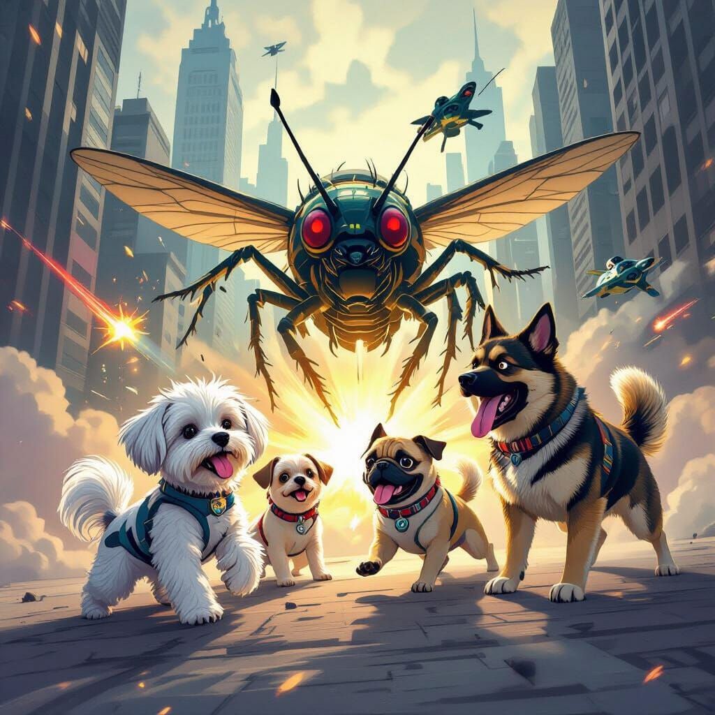Superhero Dogs Battle Giant Insect and Alien Jets