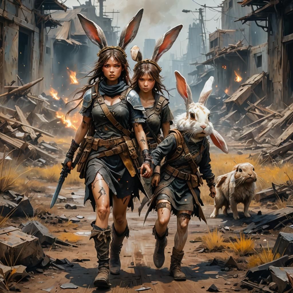 Warrior and Bunny Girl in Post-Apocalyptic Battlefield