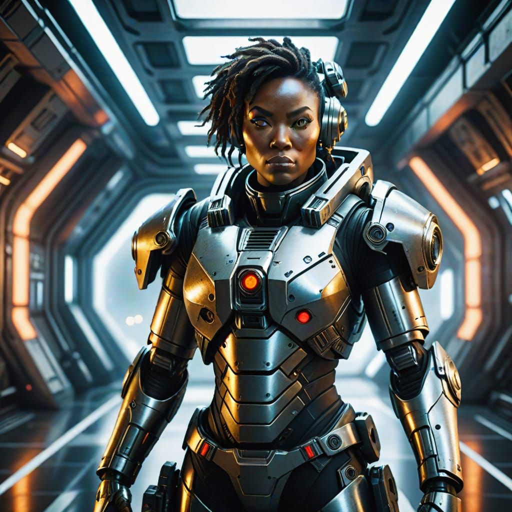 Strong Female Pilot in Futuristic Power Armor