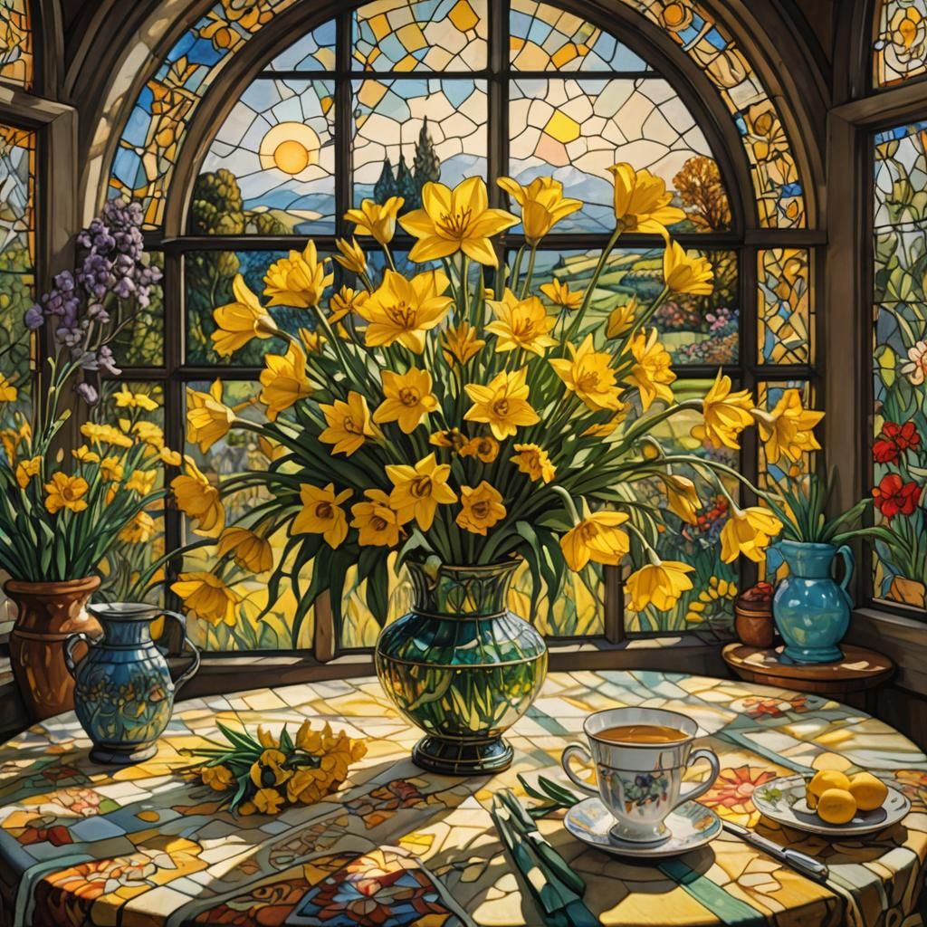 Floral Still Life Oil Painting with Stained Glass Window