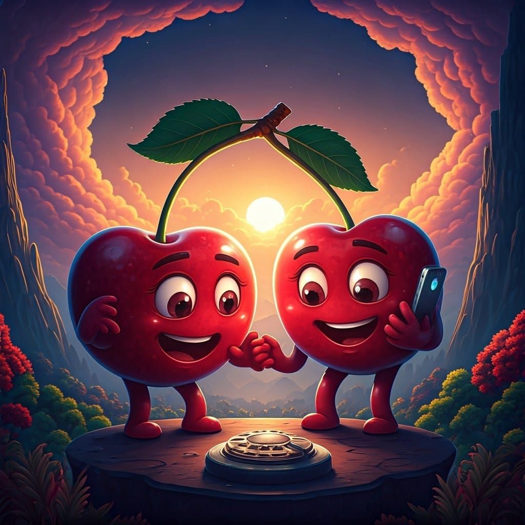 Vibrant Cherries Engage in Whimsical Phone Conversation