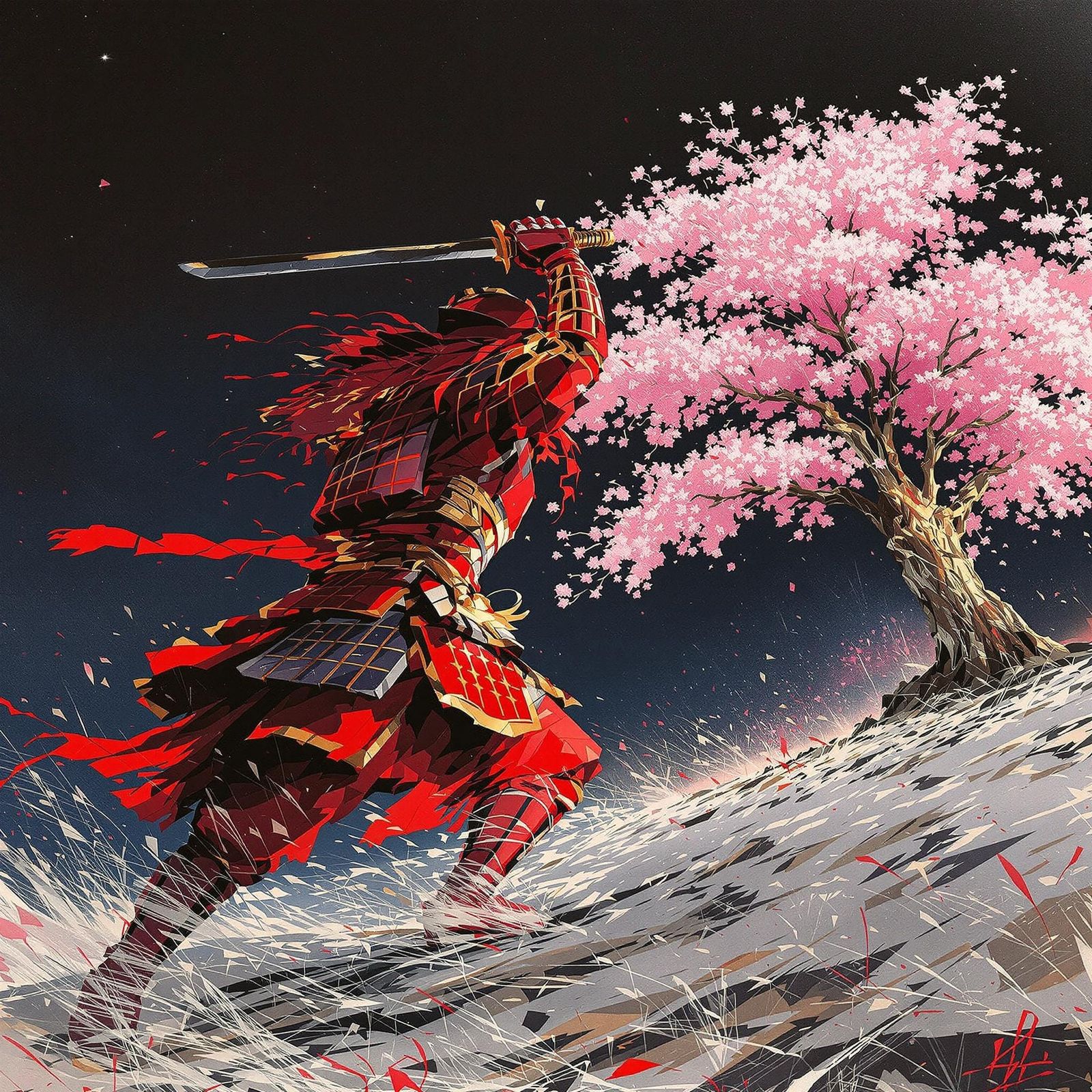 Red Samurai Strikes Under Sakura Tree