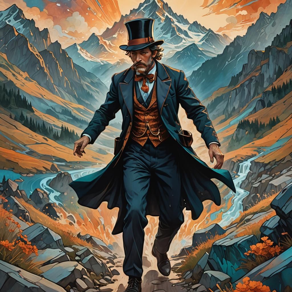 Traveler in Top Hat Hurries Through Mountains