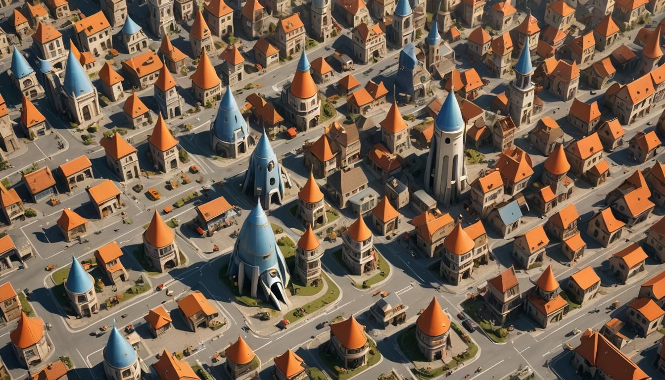 Medieval Village with Futuristic Phallic Vehicles