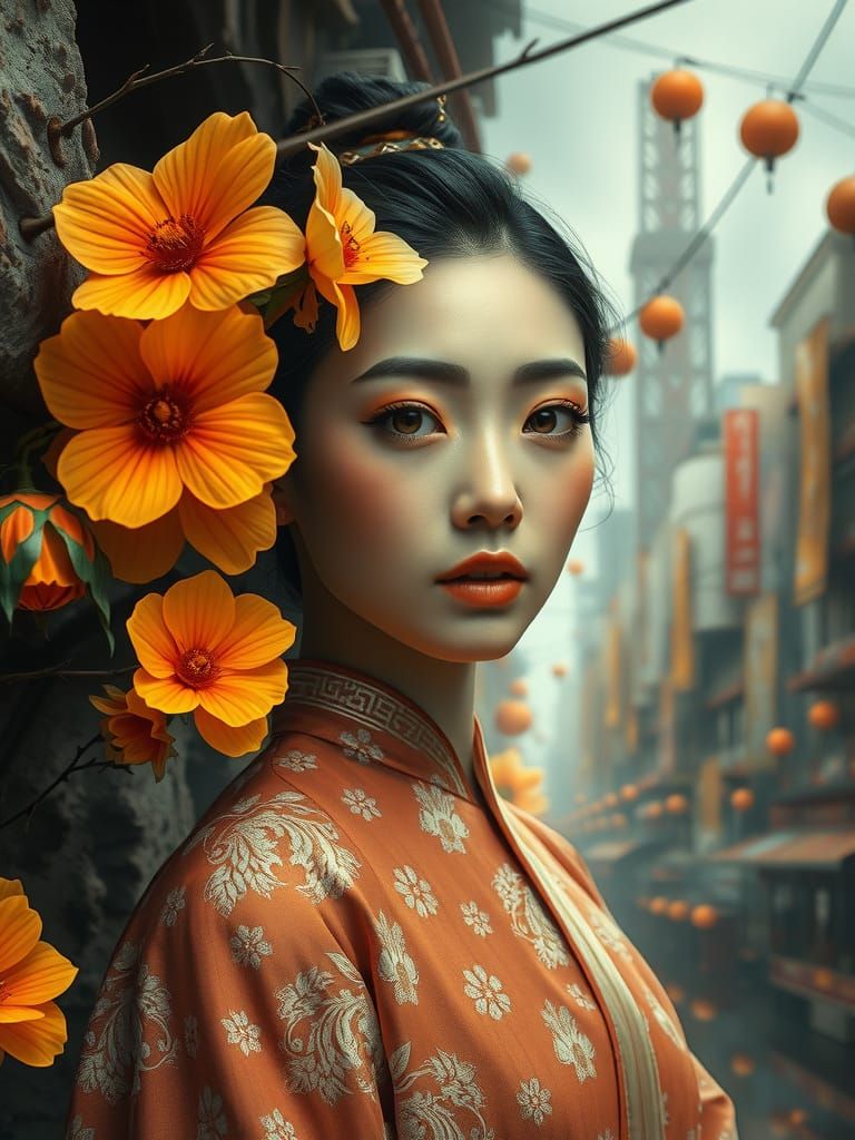 Serene Asian Woman in Surreal Futuristic Cityscape